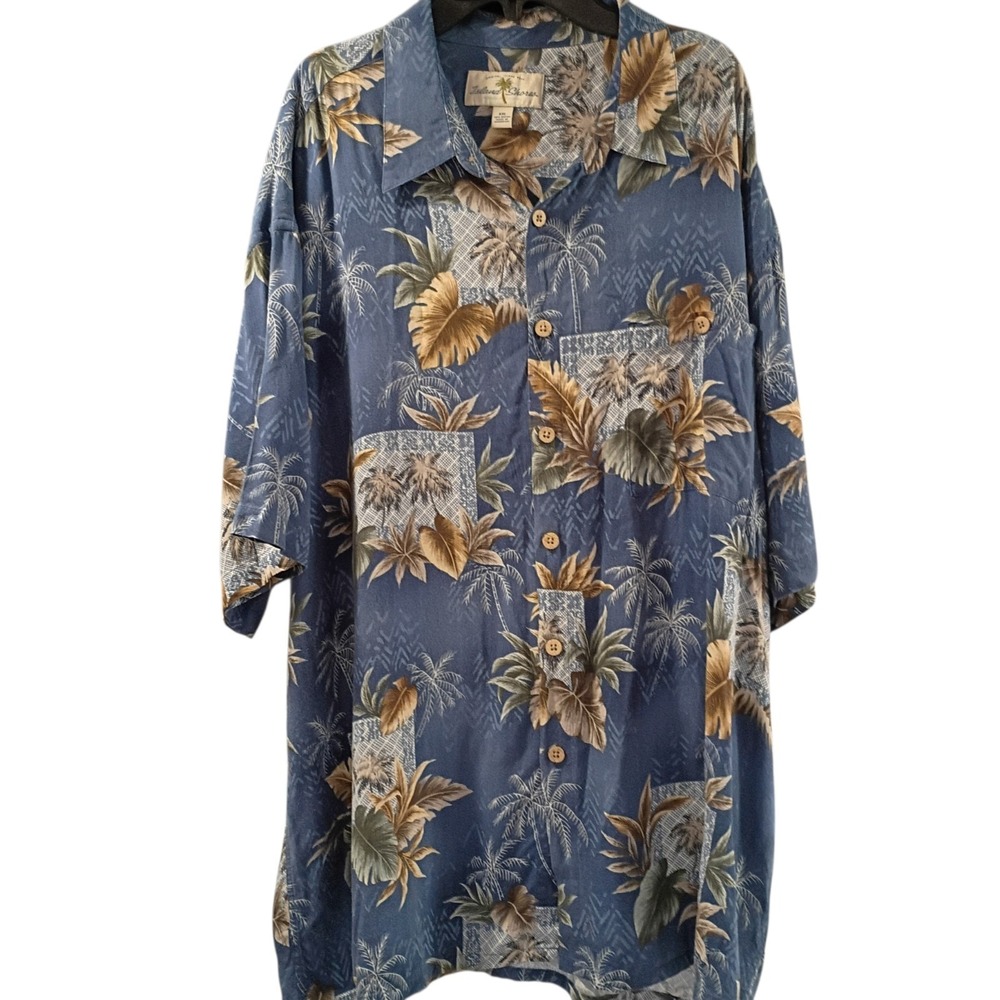 Island Shore Shirt XXL Mens Blue Button Paradise Hawaiian Vacation Palm Tree EUC